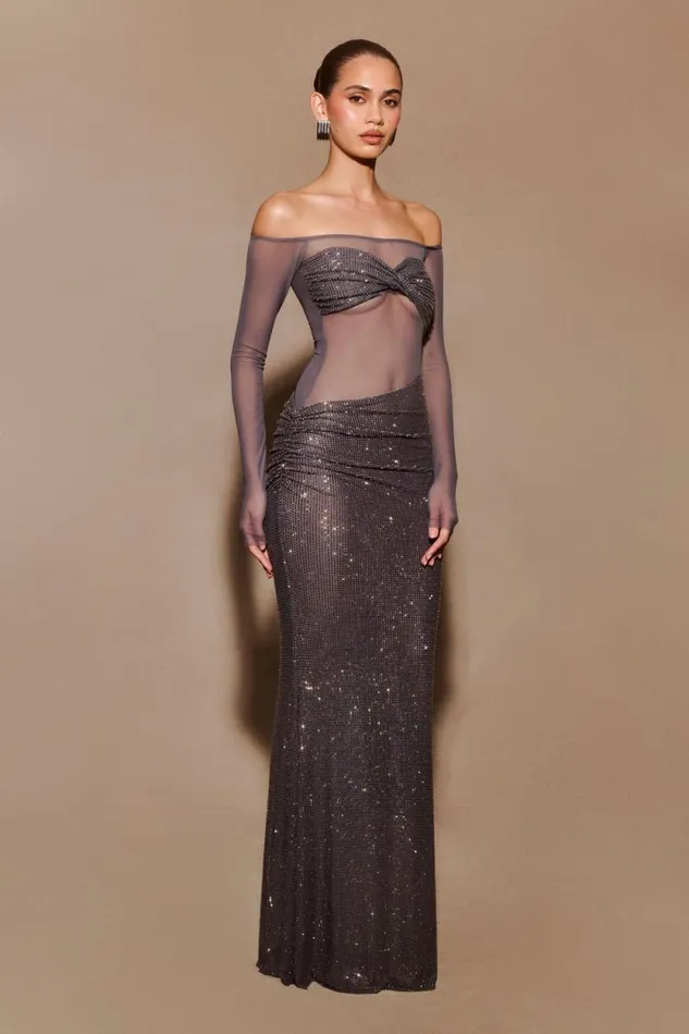 Women Meshki Dresses Nash Diamante Off Shoulder Maxi Dress 8211 Gunmetal