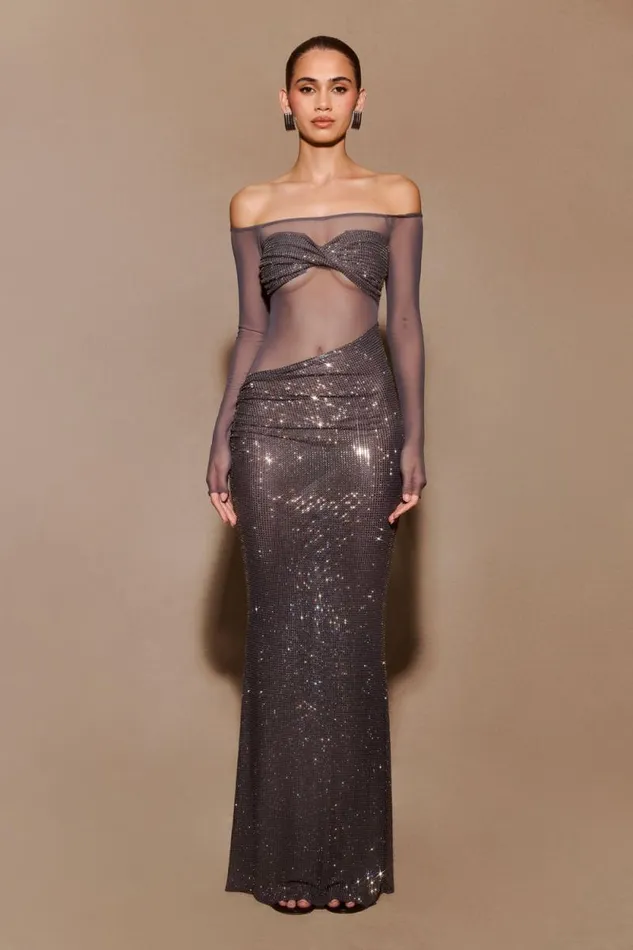 Women Meshki Dresses Nash Diamante Off Shoulder Maxi Dress 8211 Gunmetal