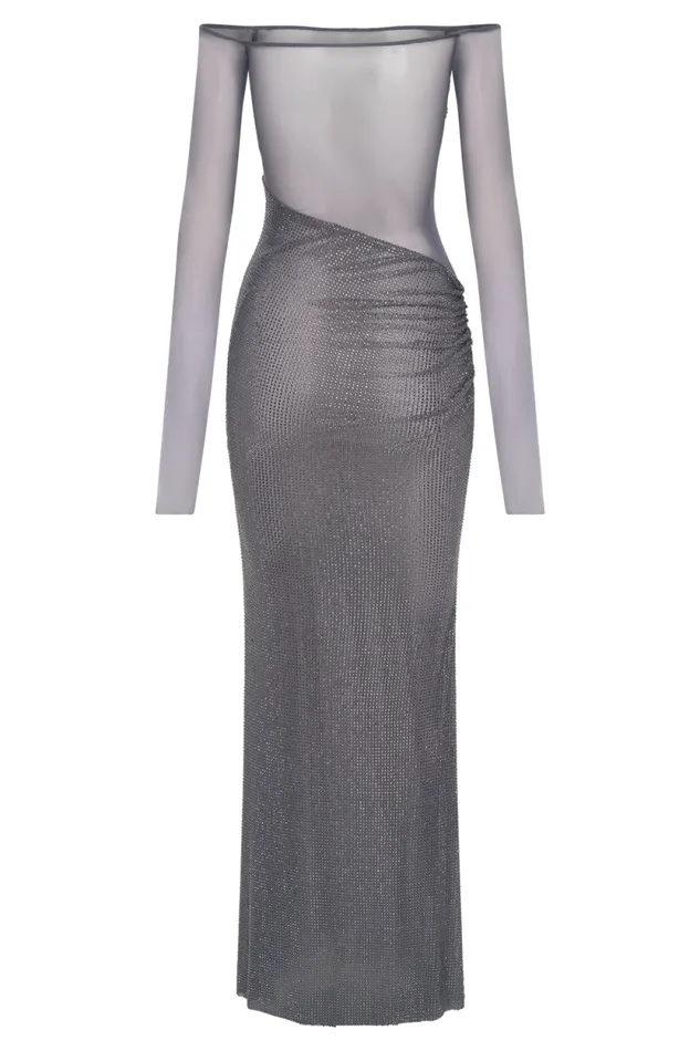 Women Meshki Dresses Nash Diamante Off Shoulder Maxi Dress 8211 Gunmetal