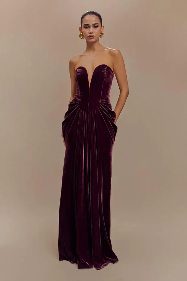 Women Meshki Dresses Paige Strapless Velvet Maxi Dress 8211 Plum