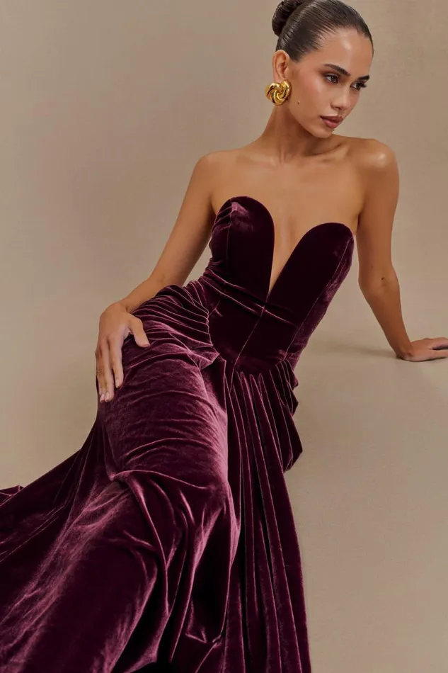Women Meshki Dresses Paige Strapless Velvet Maxi Dress 8211 Plum