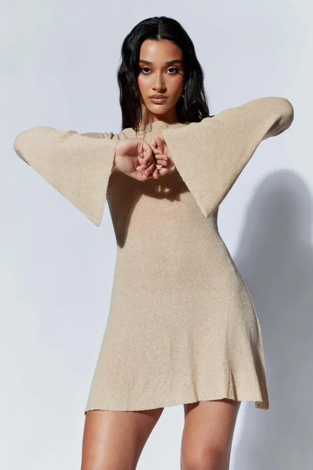 Women Meshki Dresses Zahra Long Sleeve Open Back Mini Knit Dress 8211 Wheat Women Meshki Dresses Zahra Long Sleeve Open Back Mini Knit Dress 8211 Wheat