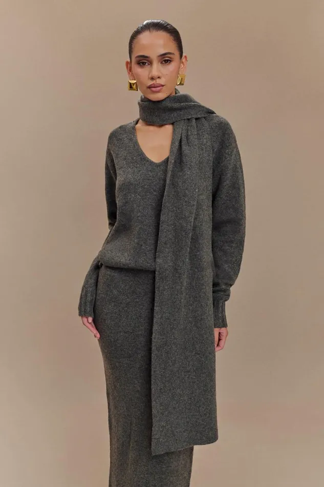 Women Meshki Outerwear Ella V Neck Knit Jumper With Scarf 8211 Charcoal Marle