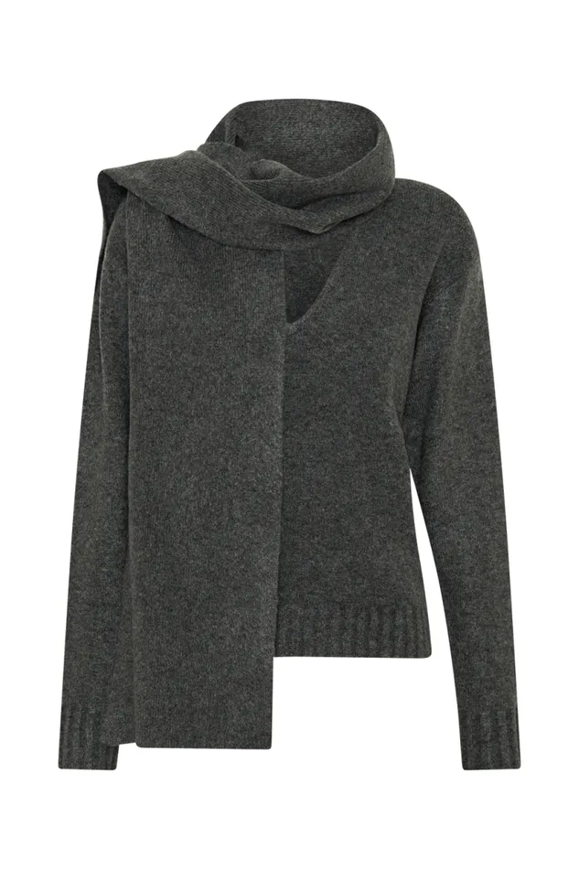 Women Meshki Outerwear Ella V Neck Knit Jumper With Scarf 8211 Charcoal Marle