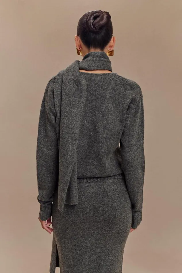 Women Meshki Outerwear Ella V Neck Knit Jumper With Scarf 8211 Charcoal Marle