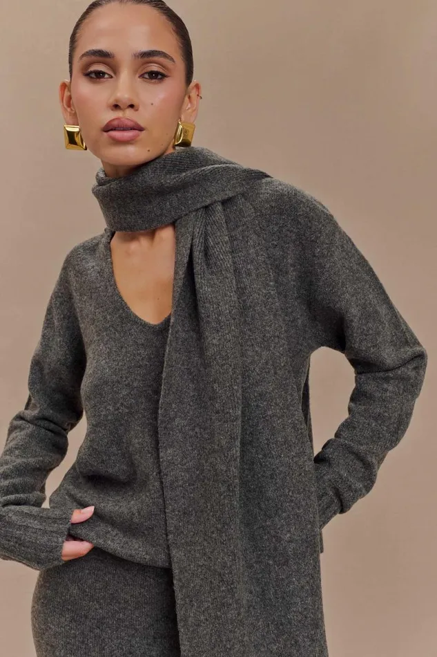 Women Meshki Outerwear Ella V Neck Knit Jumper With Scarf 8211 Charcoal Marle