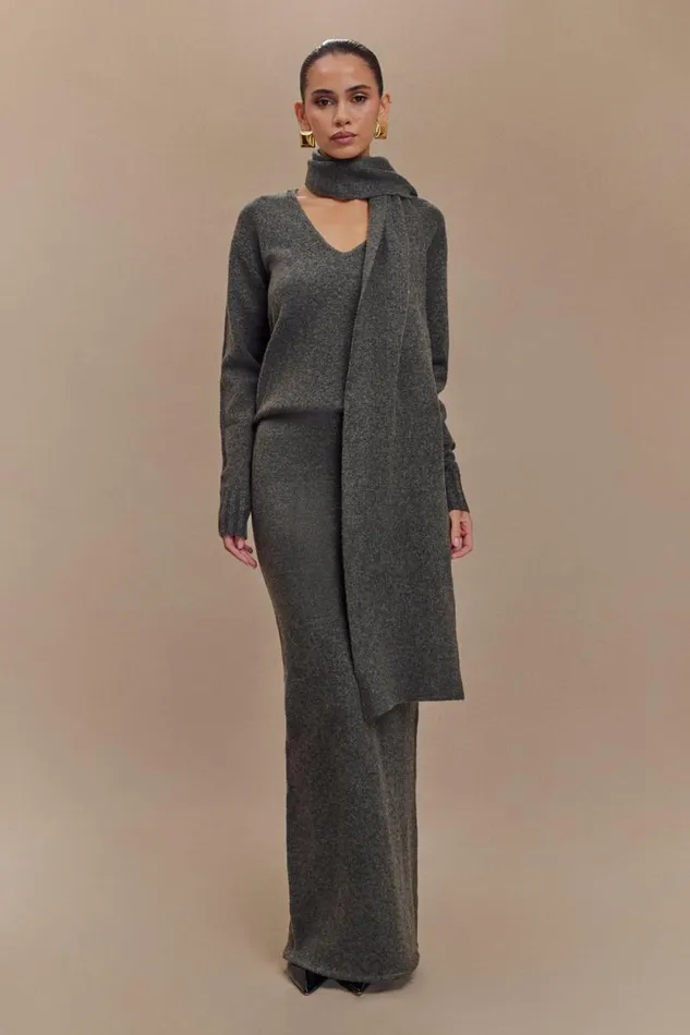 Women Meshki Outerwear Ella V Neck Knit Jumper With Scarf 8211 Charcoal Marle