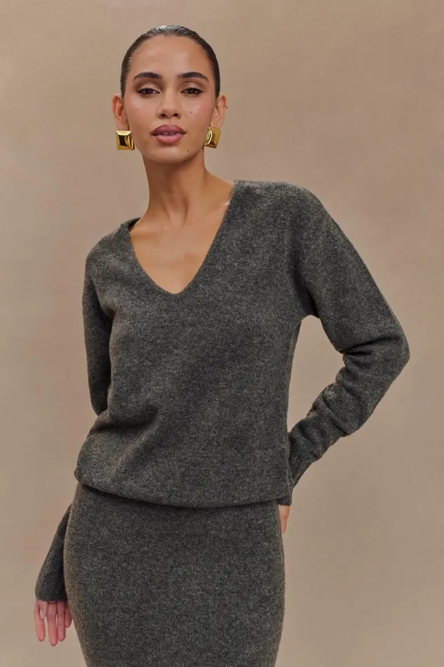 Women Meshki Outerwear Ella V Neck Knit Jumper With Scarf 8211 Charcoal Marle