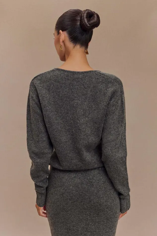 Women Meshki Outerwear Ella V Neck Knit Jumper With Scarf 8211 Charcoal Marle
