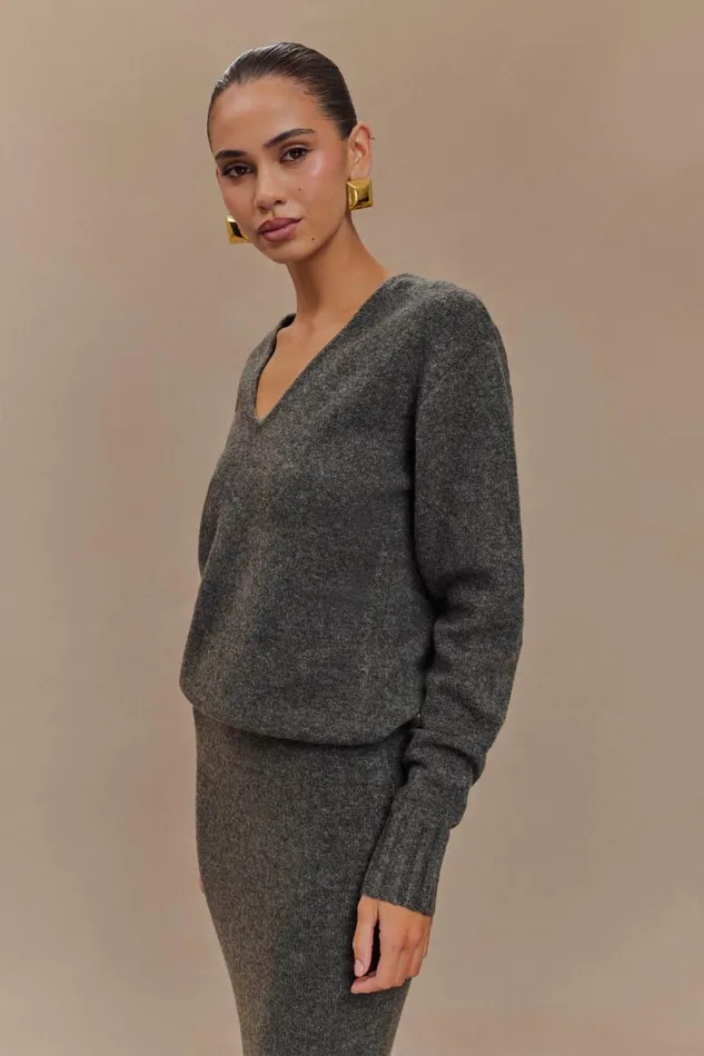 Women Meshki Outerwear Ella V Neck Knit Jumper With Scarf 8211 Charcoal Marle