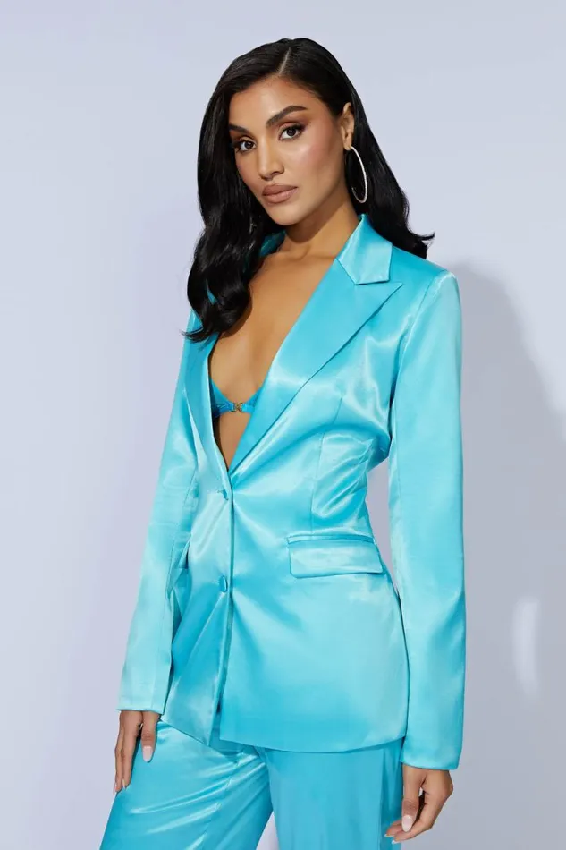 Women Meshki Outerwear Maeva Satin Blazer 8211 Aquamarine