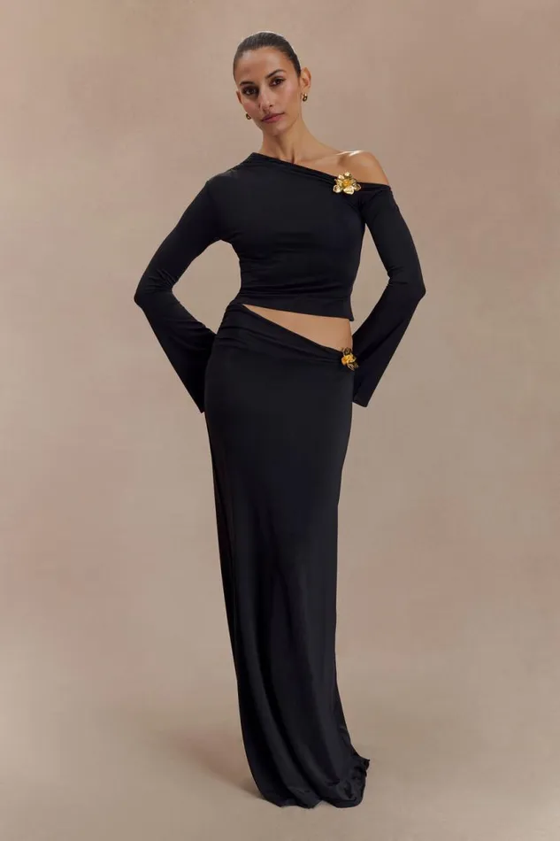 Women Meshki Tops Ainsley Asymmetrical Long Sleeve Top With Floral Hardware 8211 Black