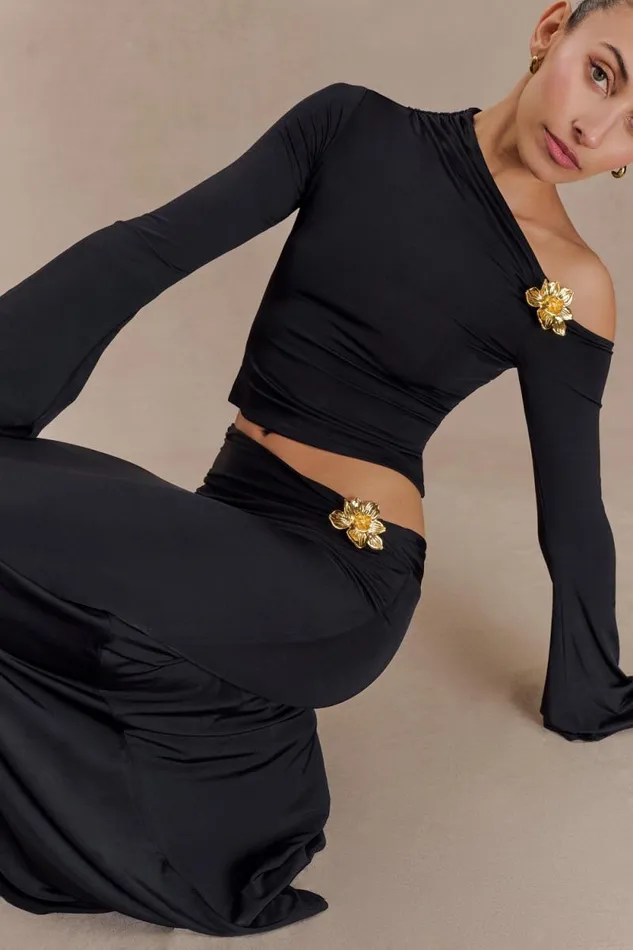 Women Meshki Tops Ainsley Asymmetrical Long Sleeve Top With Floral Hardware 8211 Black