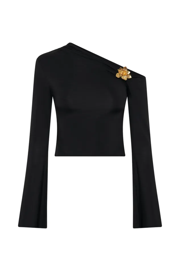 Women Meshki Tops Ainsley Asymmetrical Long Sleeve Top With Floral Hardware 8211 Black