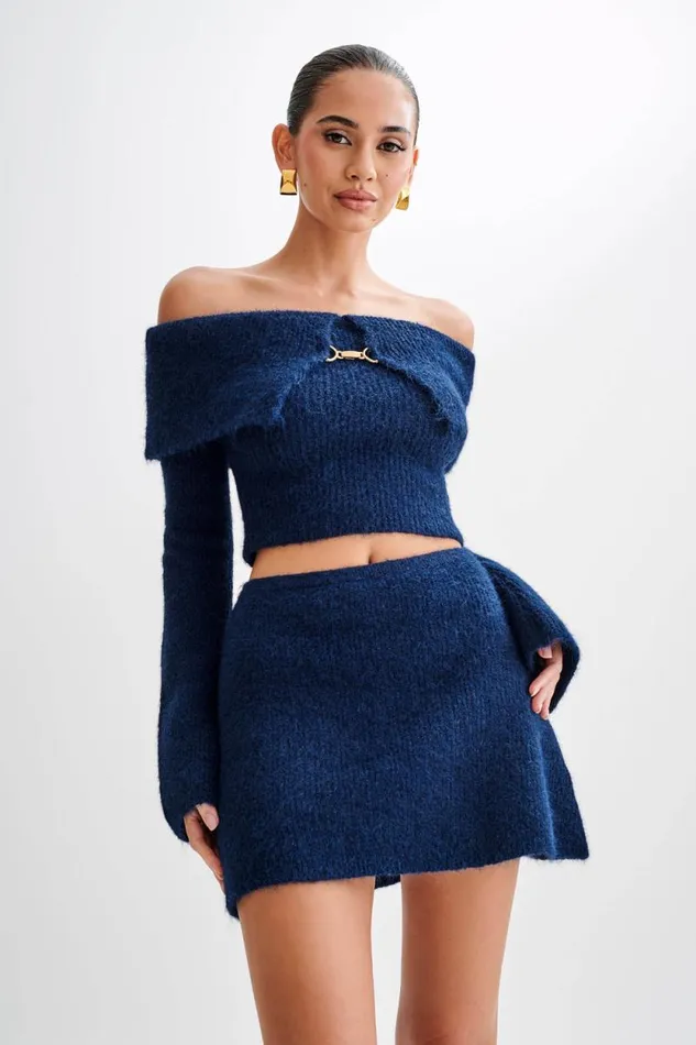 Women Meshki Tops Baxter Off Shoulder Fluffy Knit Top 8211 Navy