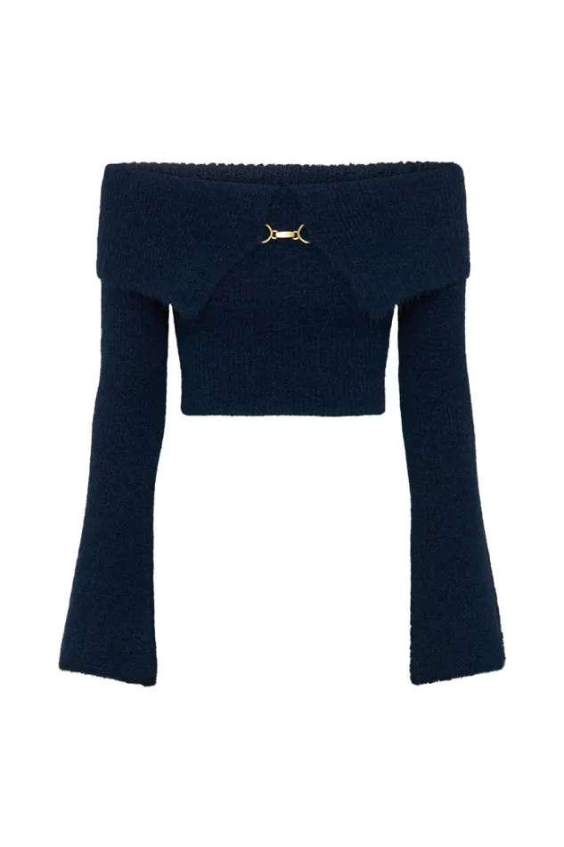 Women Meshki Tops Baxter Off Shoulder Fluffy Knit Top 8211 Navy
