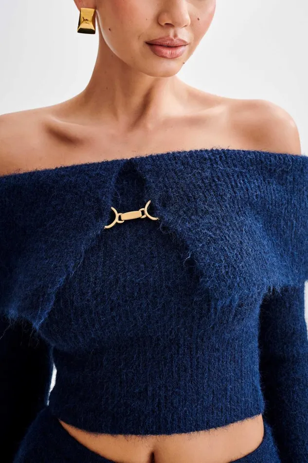 Women Meshki Tops Baxter Off Shoulder Fluffy Knit Top 8211 Navy