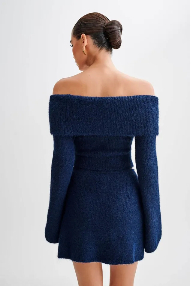 Women Meshki Tops Baxter Off Shoulder Fluffy Knit Top 8211 Navy