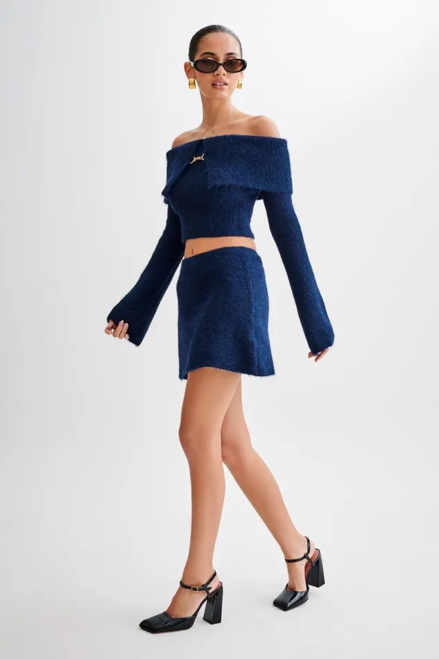 Women Meshki Tops Baxter Off Shoulder Fluffy Knit Top 8211 Navy