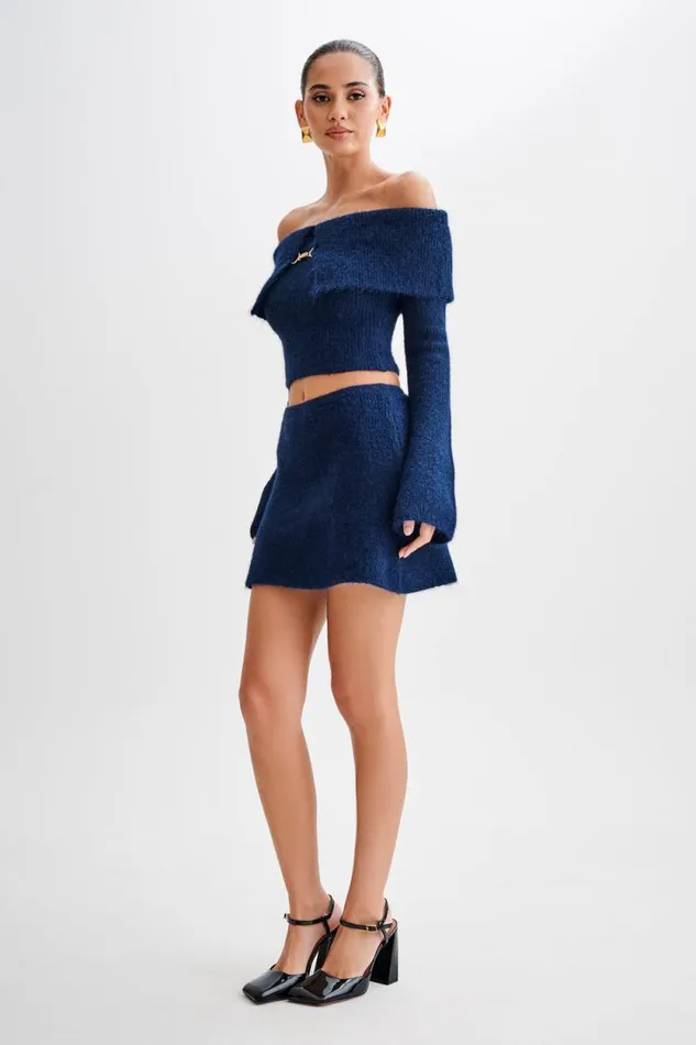 Women Meshki Tops Baxter Off Shoulder Fluffy Knit Top 8211 Navy