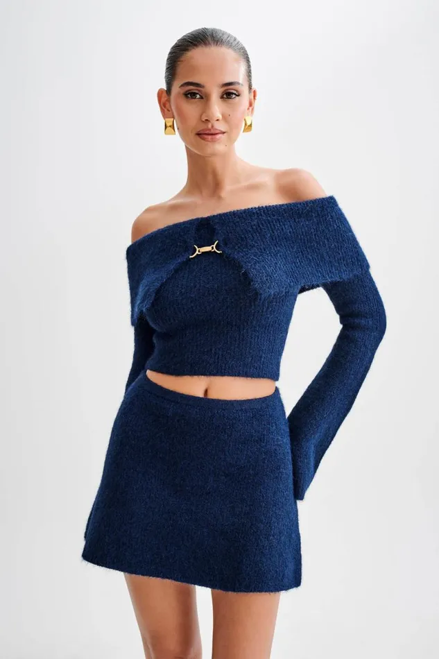 Women Meshki Tops Baxter Off Shoulder Fluffy Knit Top 8211 Navy