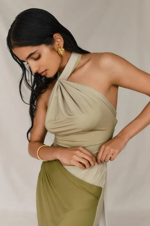 Women Meshki Tops Bronwyn Slinky Halter Crop Top 8211 Ombre Vintage Olive