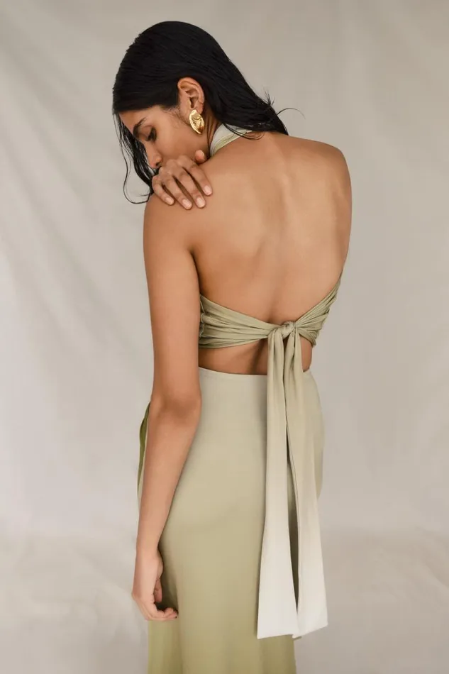 Women Meshki Tops Bronwyn Slinky Halter Crop Top 8211 Ombre Vintage Olive