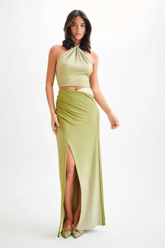 Women Meshki Tops Bronwyn Slinky Halter Crop Top 8211 Ombre Vintage Olive