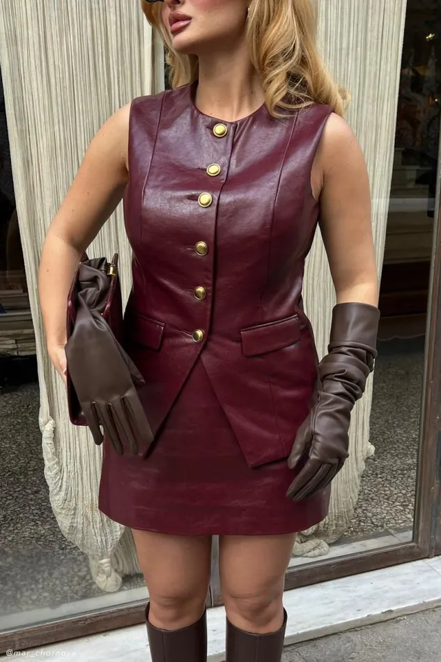 Women Meshki Tops Coralia Faux Leather Sleeveless Vest 8211 Cherry Red