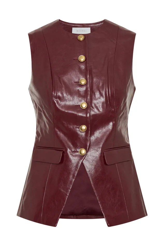 Women Meshki Tops Coralia Faux Leather Sleeveless Vest 8211 Cherry Red