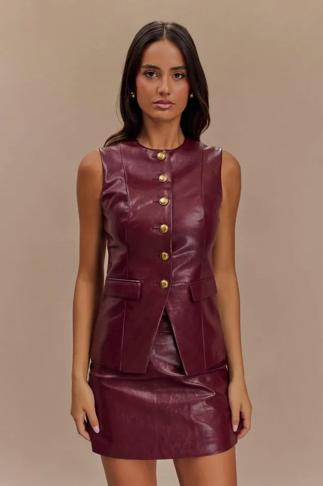 Women Meshki Tops Coralia Faux Leather Sleeveless Vest 8211 Cherry Red
