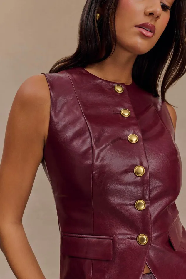 Women Meshki Tops Coralia Faux Leather Sleeveless Vest 8211 Cherry Red