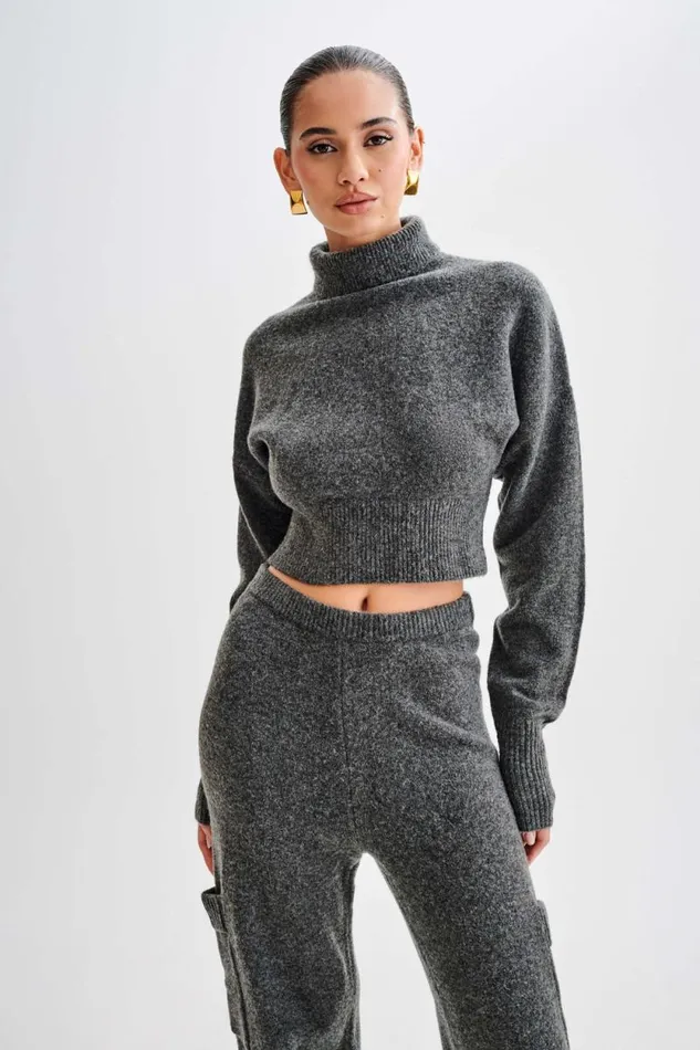 Women Meshki Tops Darius Turtleneck Knit Crop Top 8211 Charcoal Marle