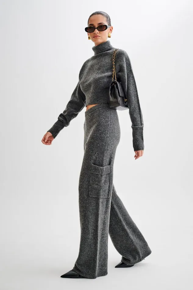 Women Meshki Tops Darius Turtleneck Knit Crop Top 8211 Charcoal Marle