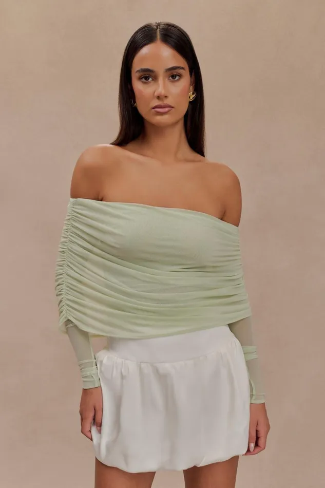 Women Meshki Tops Everly Sheer Mesh Off Shoulder Top 8211 Pastel Green