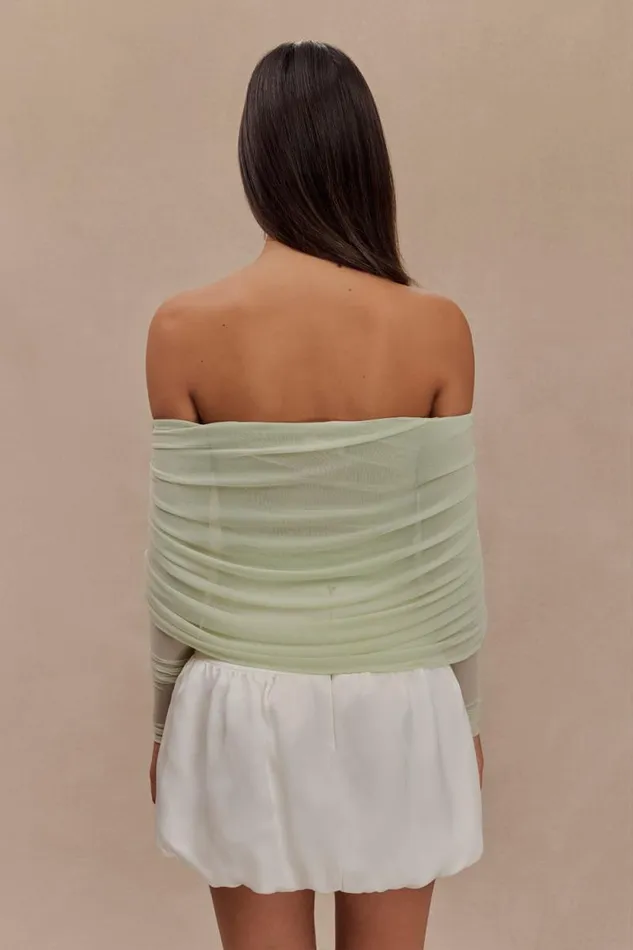 Women Meshki Tops Everly Sheer Mesh Off Shoulder Top 8211 Pastel Green