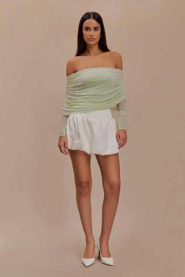 Women Meshki Tops Everly Sheer Mesh Off Shoulder Top 8211 Pastel Green