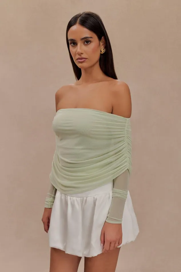 Women Meshki Tops Everly Sheer Mesh Off Shoulder Top 8211 Pastel Green