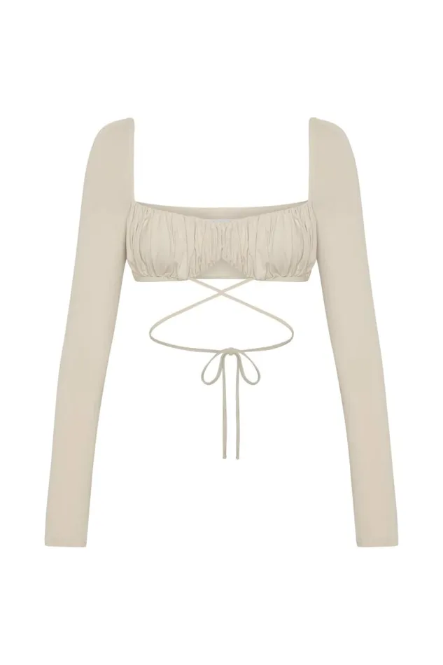 Women Meshki Tops Geesou Ruched Bust Long Sleeve Tie Top 8211 Wheat