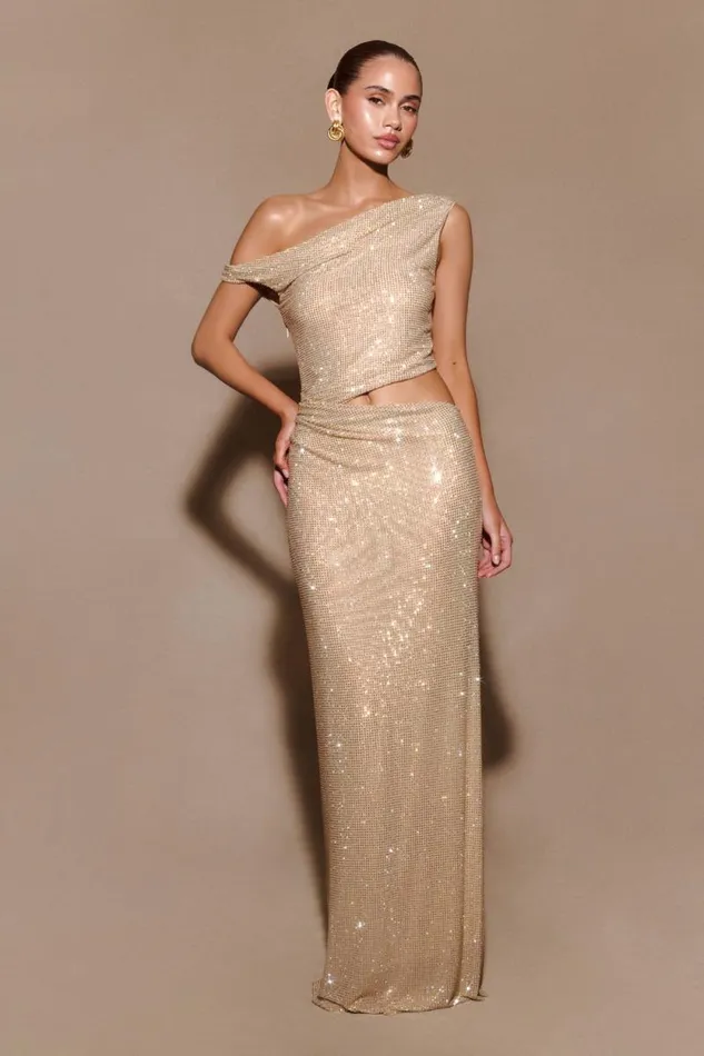 Women Meshki Tops Kenny Diamante One Shoulder Maxi Dress 8211 Gold