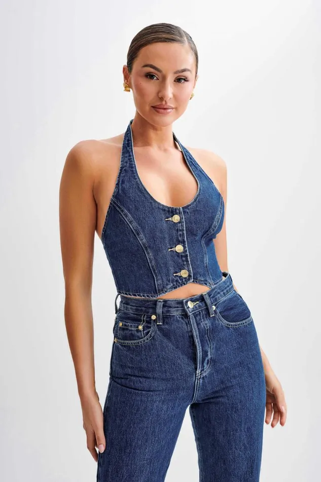 Women Meshki Tops Kieryn Denim Vest 8211 Dark Blue