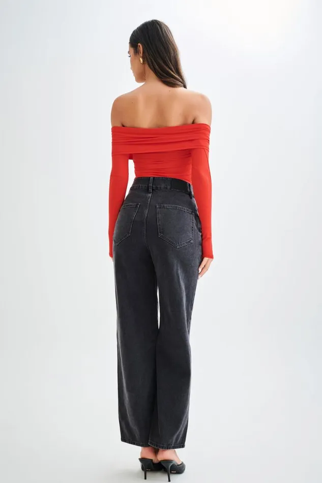 Women Meshki Tops Prue Ruched Off Shoulder Long Sleeve Top 8211 Pomegranate