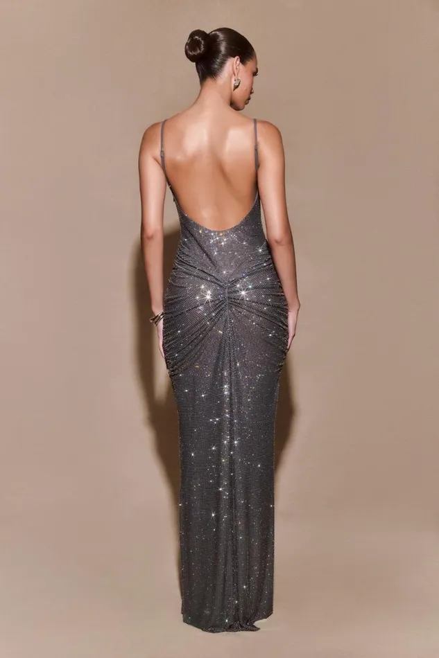 Women Meshki Tops Roisin Diamante Satin Maxi Dress 8211 Gunmetal