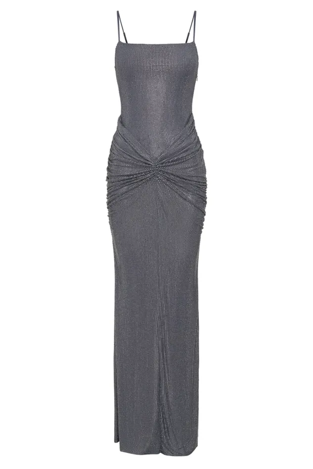 Women Meshki Tops Roisin Diamante Satin Maxi Dress 8211 Gunmetal