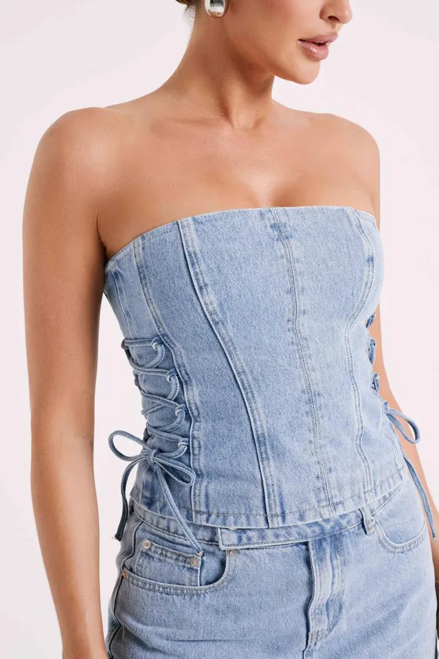 Women Meshki Tops Scheana Denim Corset 8211 Mid Blue