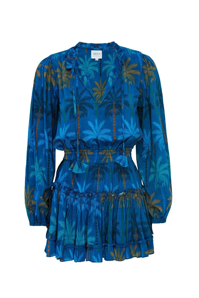 Women MISA Los Angeles Exclusives LORENA DRESS Cobalt Palms