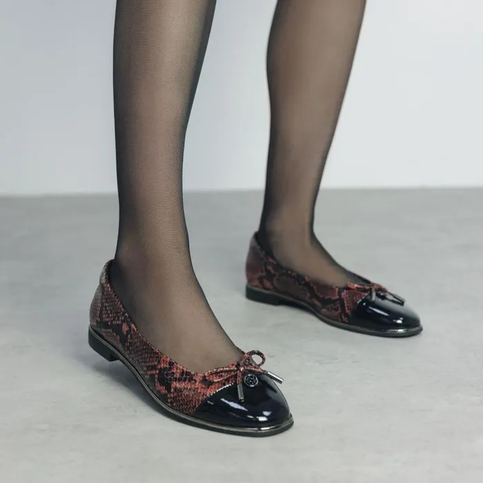 Women Moda In Pelle Flat And Ballerina Shoes Fronton Orange Snake Print