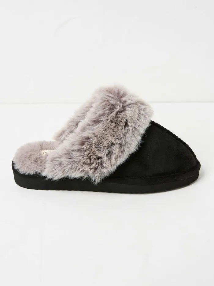 Women Pyjamas and Nightwear Fat Face Kaia Black Faux Fur Cuff Mules