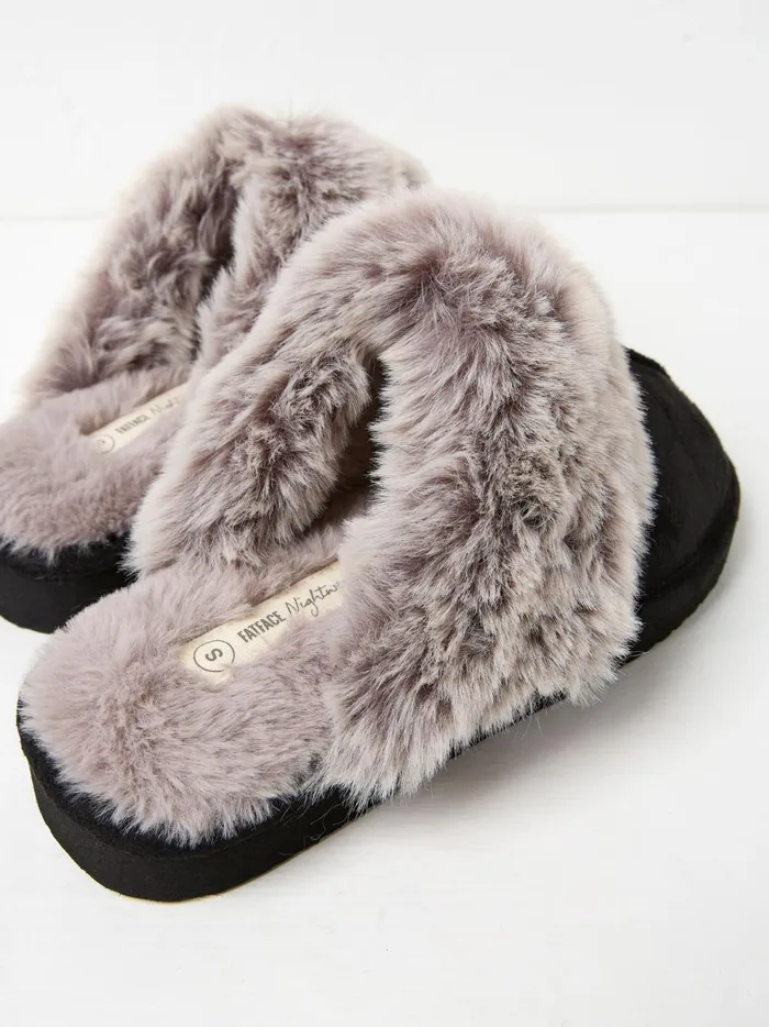 Women Pyjamas and Nightwear Fat Face Kaia Black Faux Fur Cuff Mules
