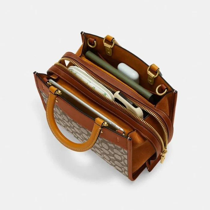 Women Satchels and Top Handles Coach Rogue 25 In Signature Textile Jacquard Brasscocoa Burnished Amb